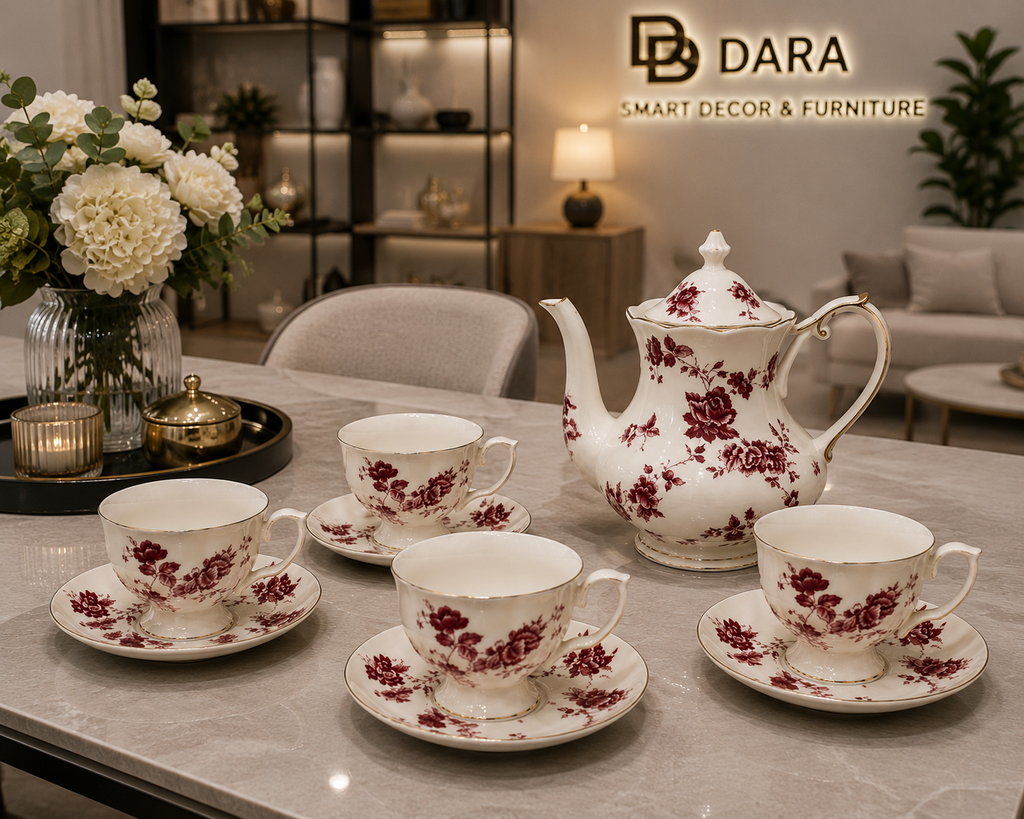 Burgundy Rose Ceramic Tea Set – 9 Piece