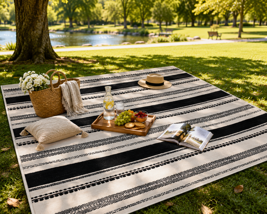 Waterproof Outdoor Picnic Rug – Black & Cream Stripe | 150 x 200cm. ITEM NO: PICNIC-202-02