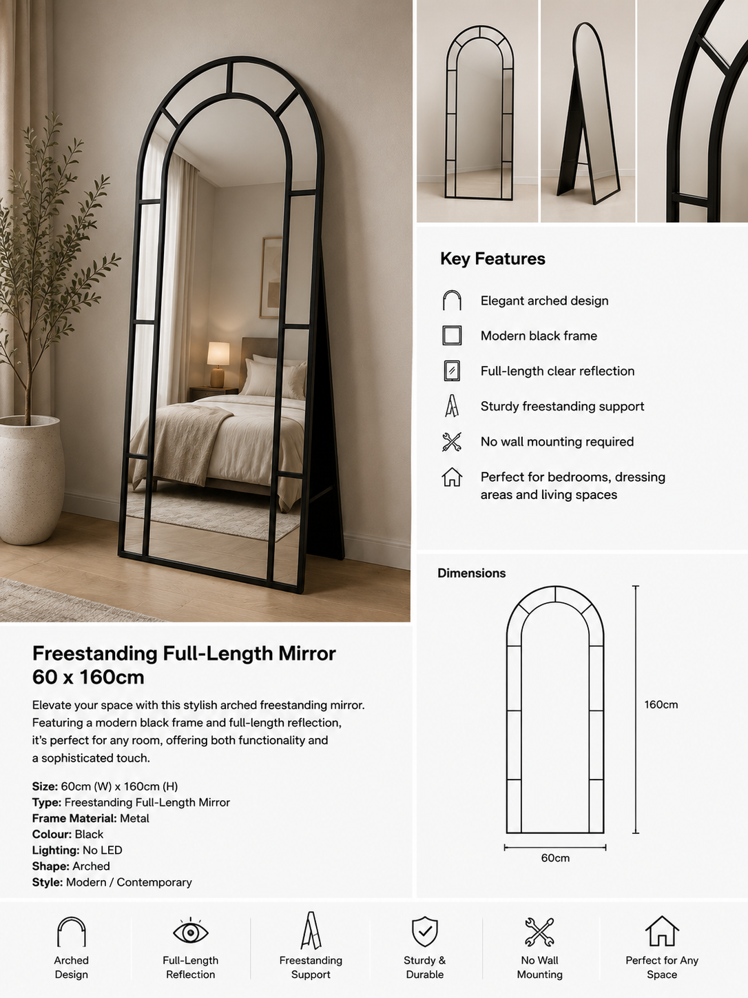 Modern Arched Freestanding Full-Length Mirror – 60 × 160cm