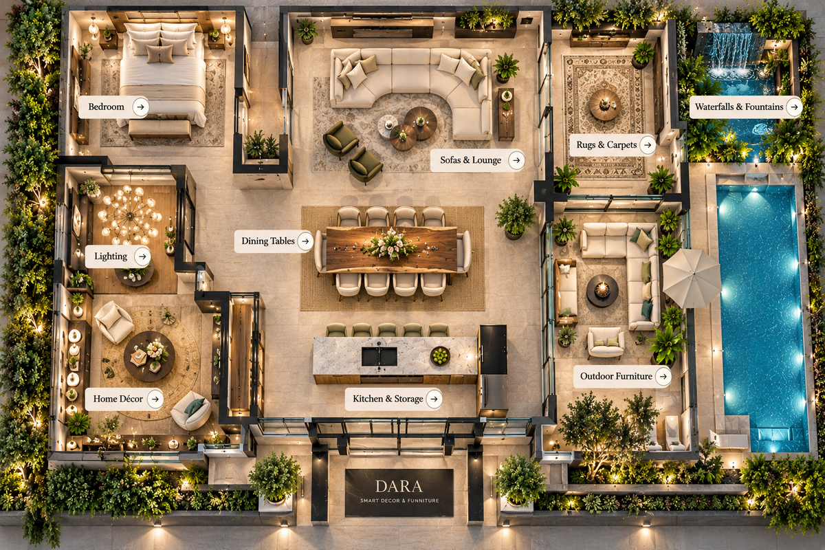 Illustrated home layout showing furniture, decor, bedroom, dining and outdoor collections