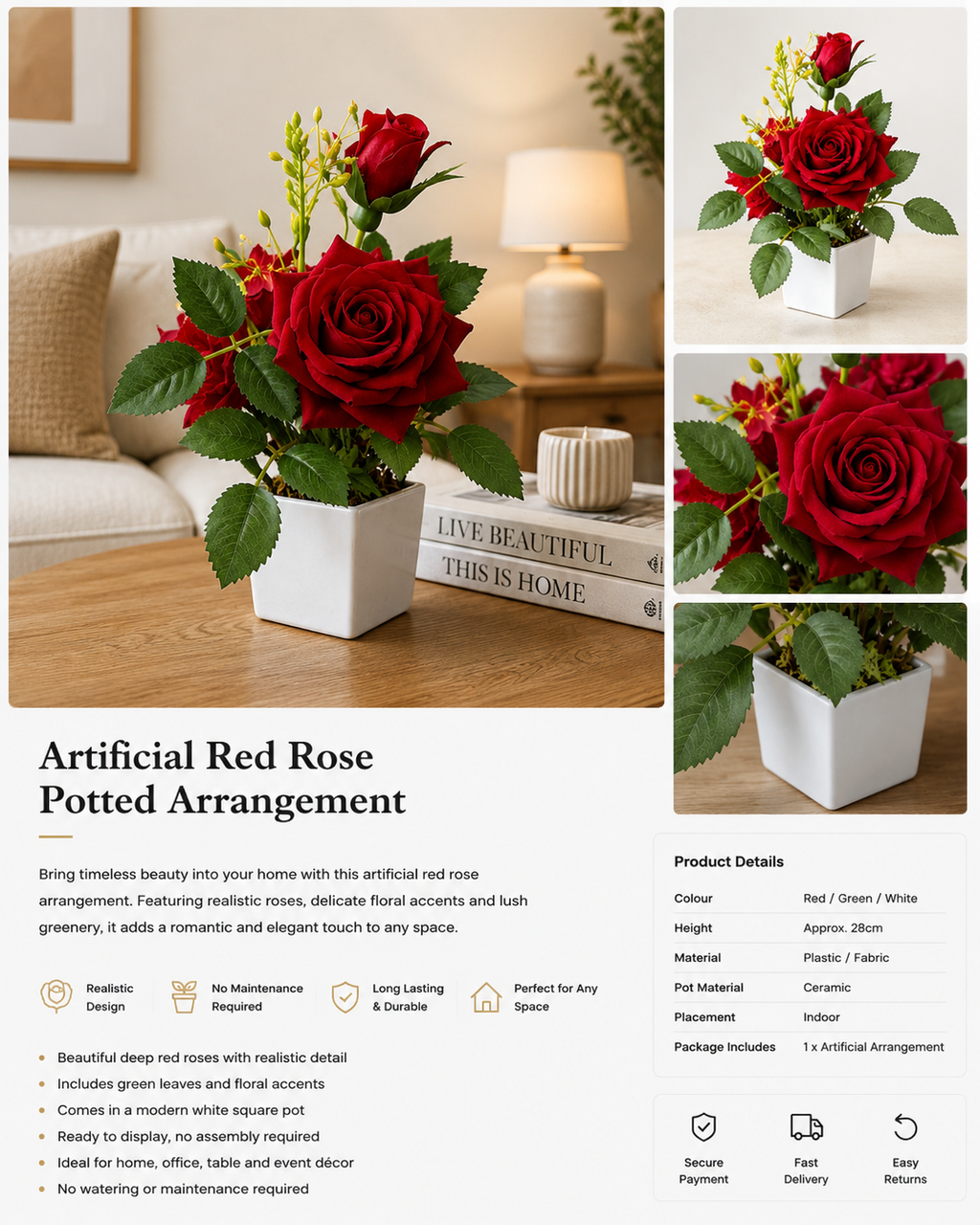 Artificial Red Rose Potted Arrangement