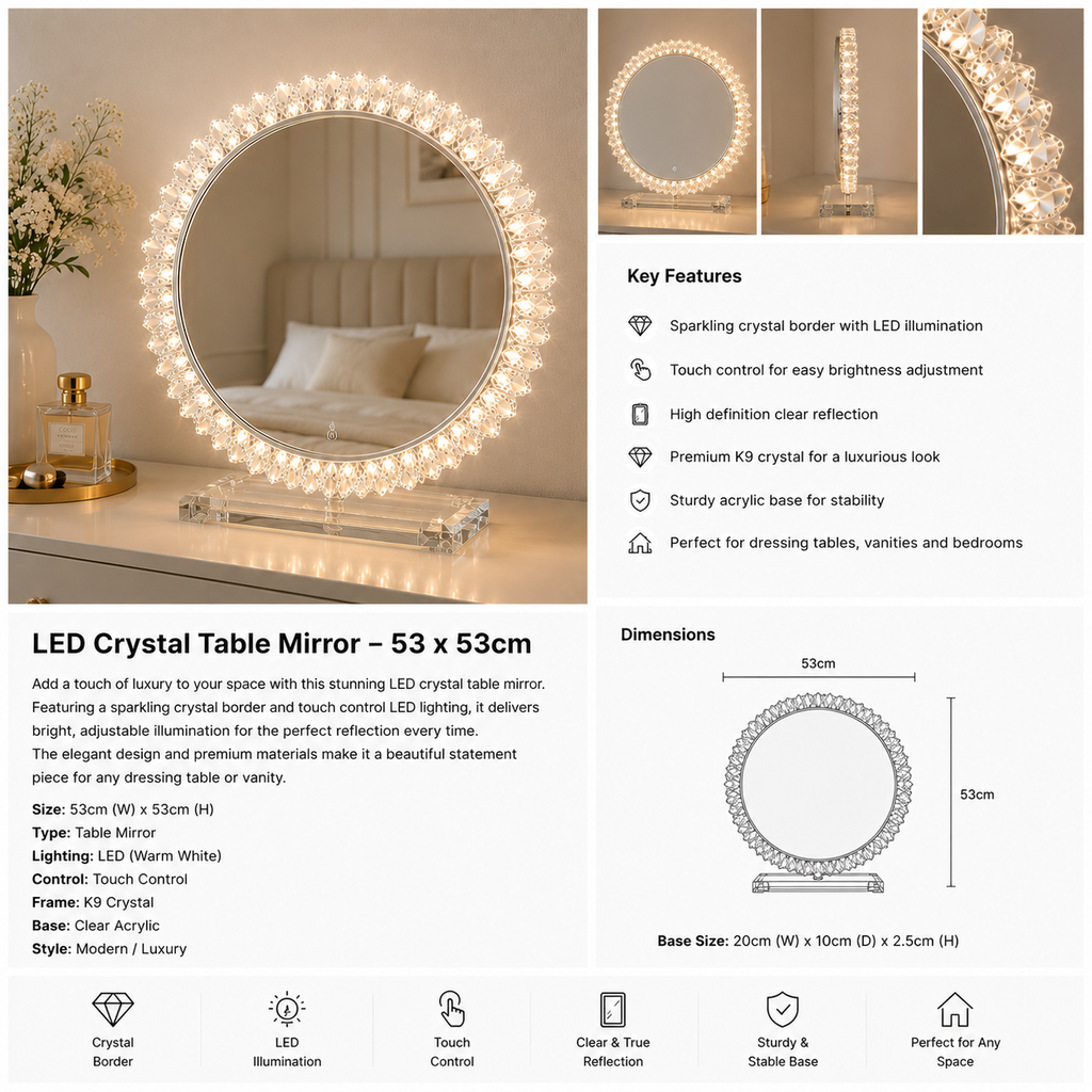 Luxury Crystal LED Table Mirror – 53 × 53cm