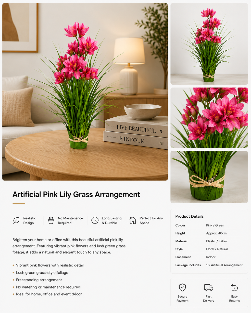 Artificial Pink Lily Grass Arrangement. 45cm