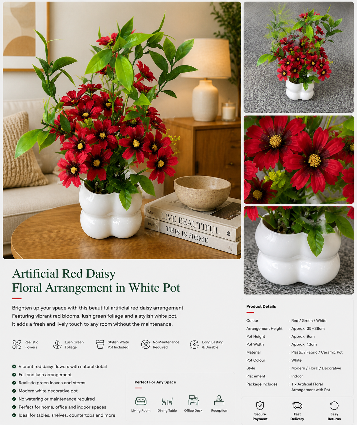 Artificial Red Daisy Floral Arrangement in White Pot