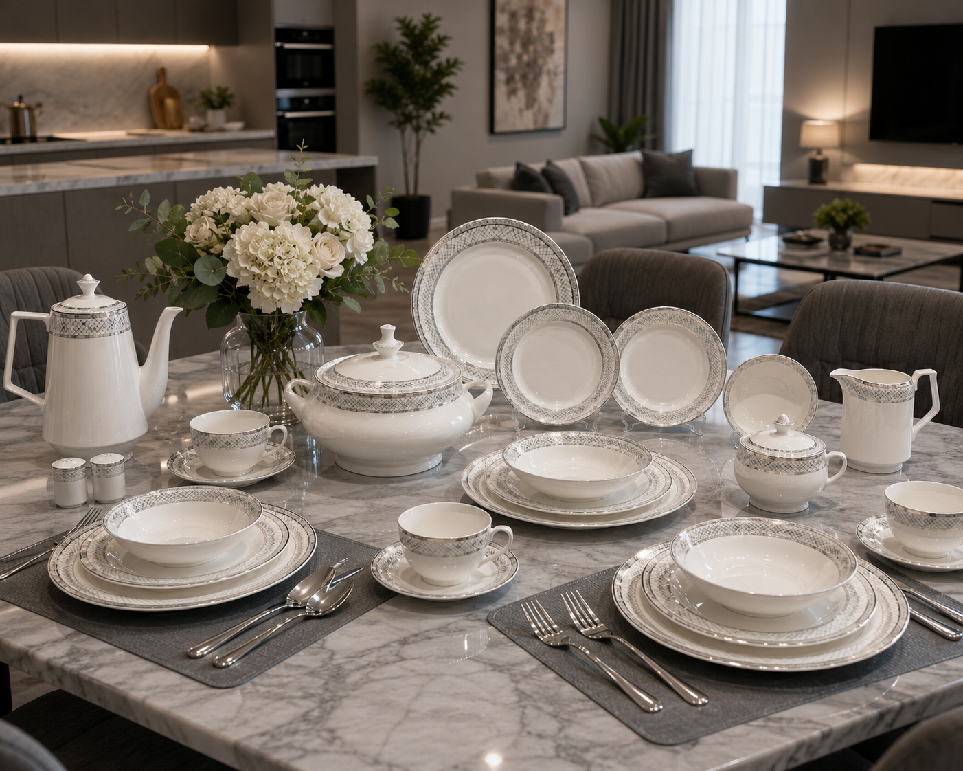 Silver Elegance 67-Piece Bone China Dinner Set. BL67-w21