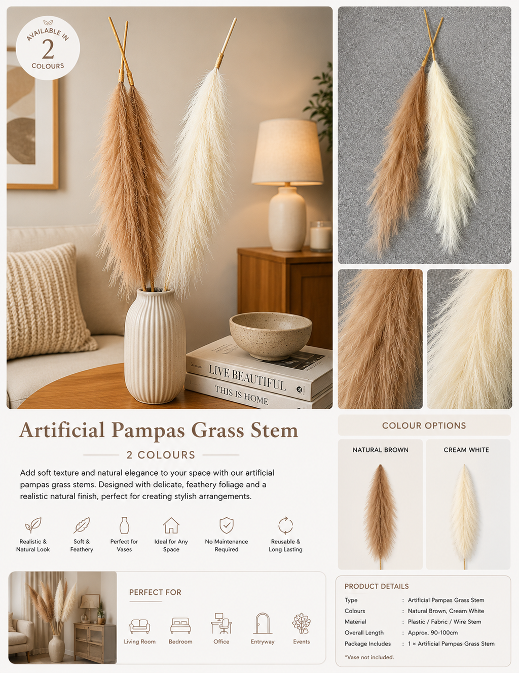 Artificial Pampas Grass Stem – 2 Colours available. $9 each