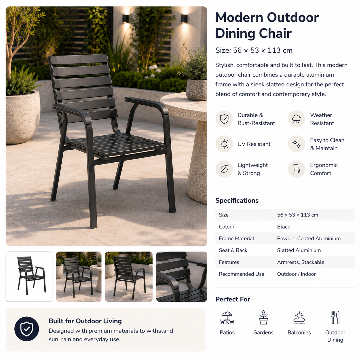 Modern Outdoor Dining Chair  Size: 56 × 53 × 113 cm Item No: CHR-OUT-0523-03