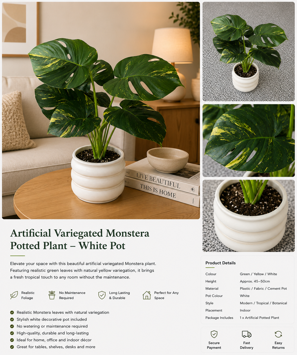 Artificial Variegated Monstera Potted Plant – White Pot
