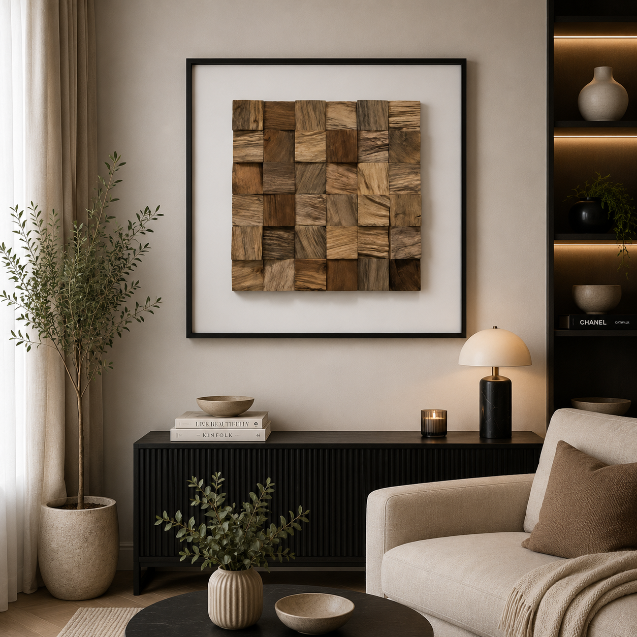 Wood-Look Resin Mosaic Wall Art – 80 × 80 cm. Item No: LY-030